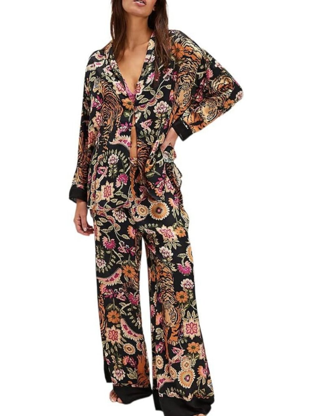 Satin Pajama Set for Women | Silk Long Sleeve PJs | Cozy Loungewear Outfit